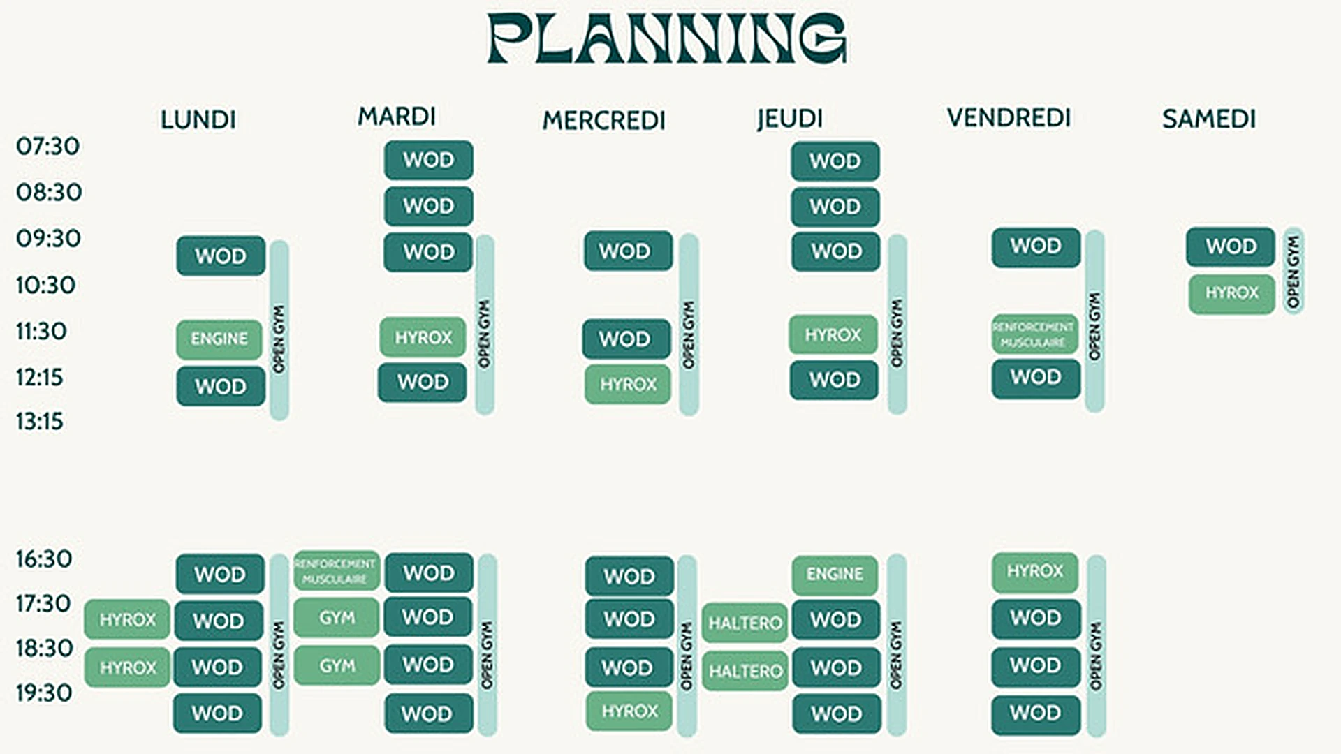 mcr crossfit beziers-planning Planning hebdomadaire MCR CrossFit Béziers — WOD, HYROX, haltérophilie, renforcement et open gym